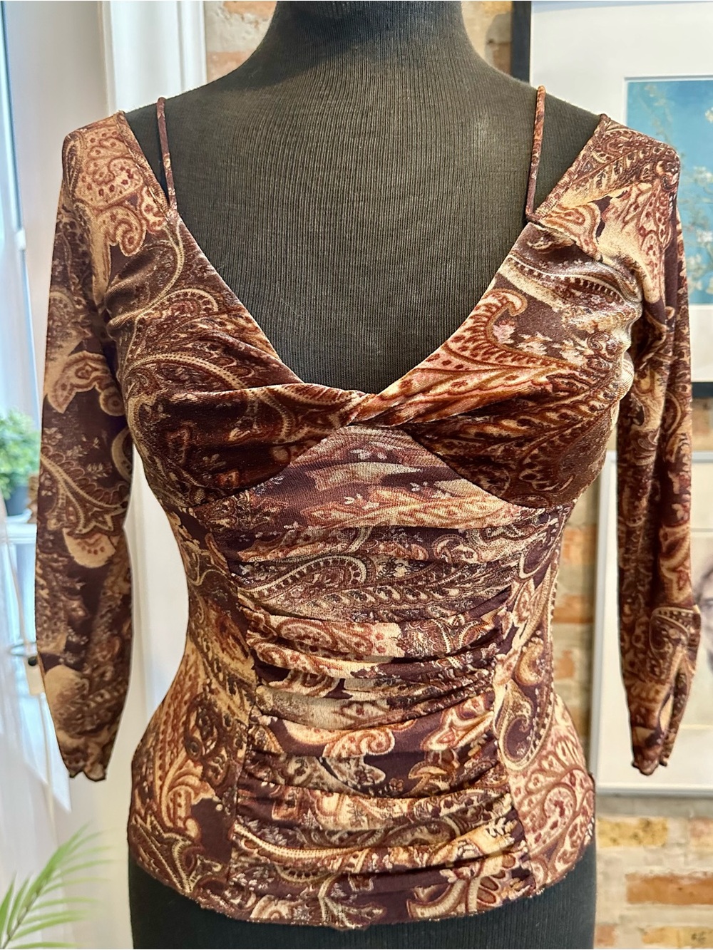 Express vintage Paisley Ruched V-long sleeveTop - Brown & Cream nylon and velour